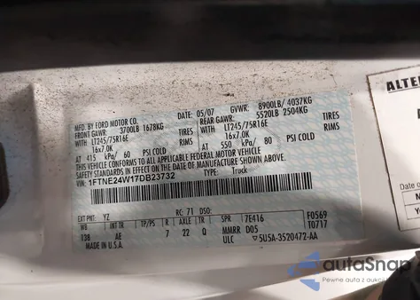 2007 Ford E-250 Commercial/Recreational z USA, uszkodzony, nr VIN 1FTNE24W17DB23732